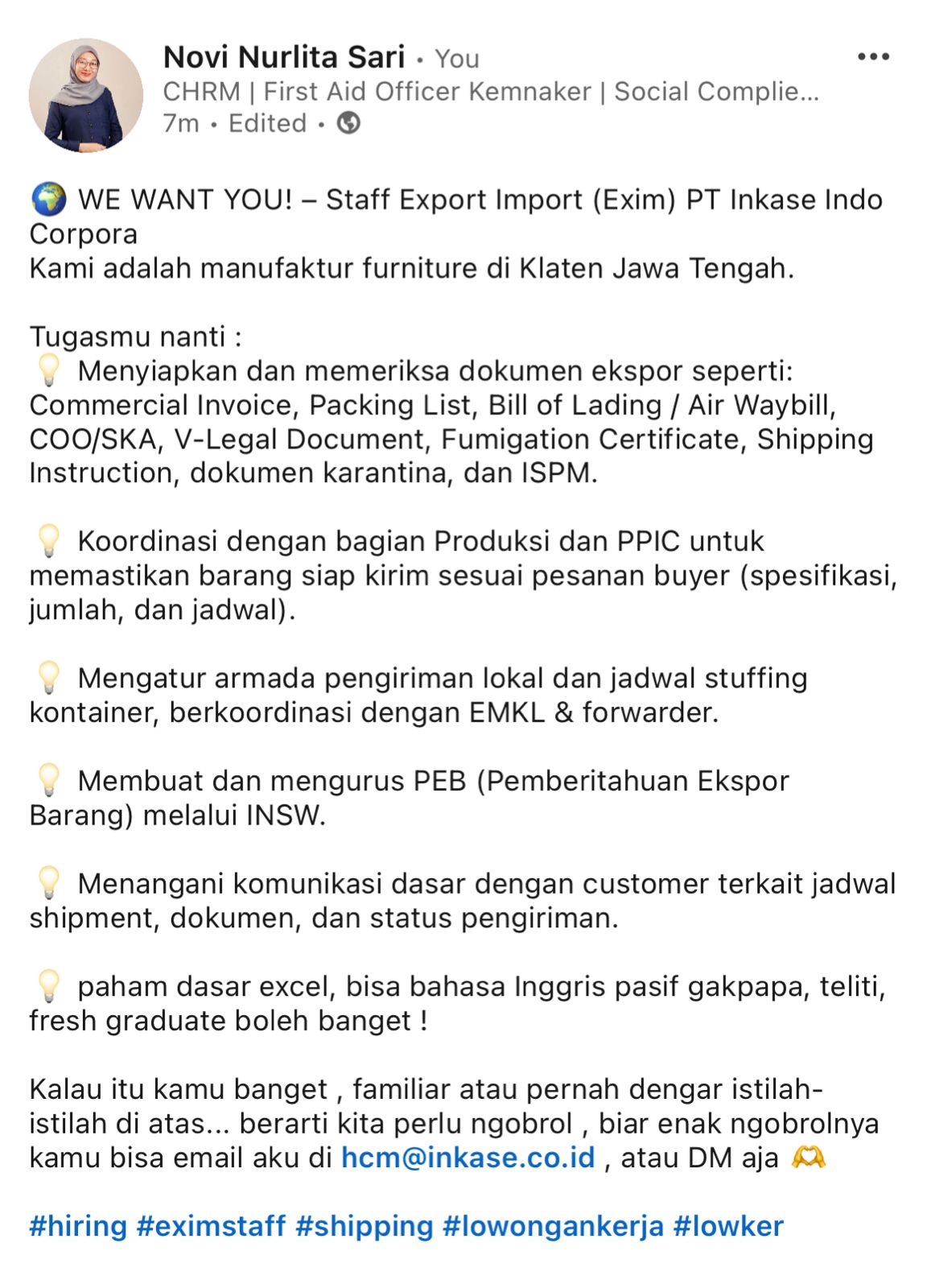 Lagi cari staff  Export Import nih !