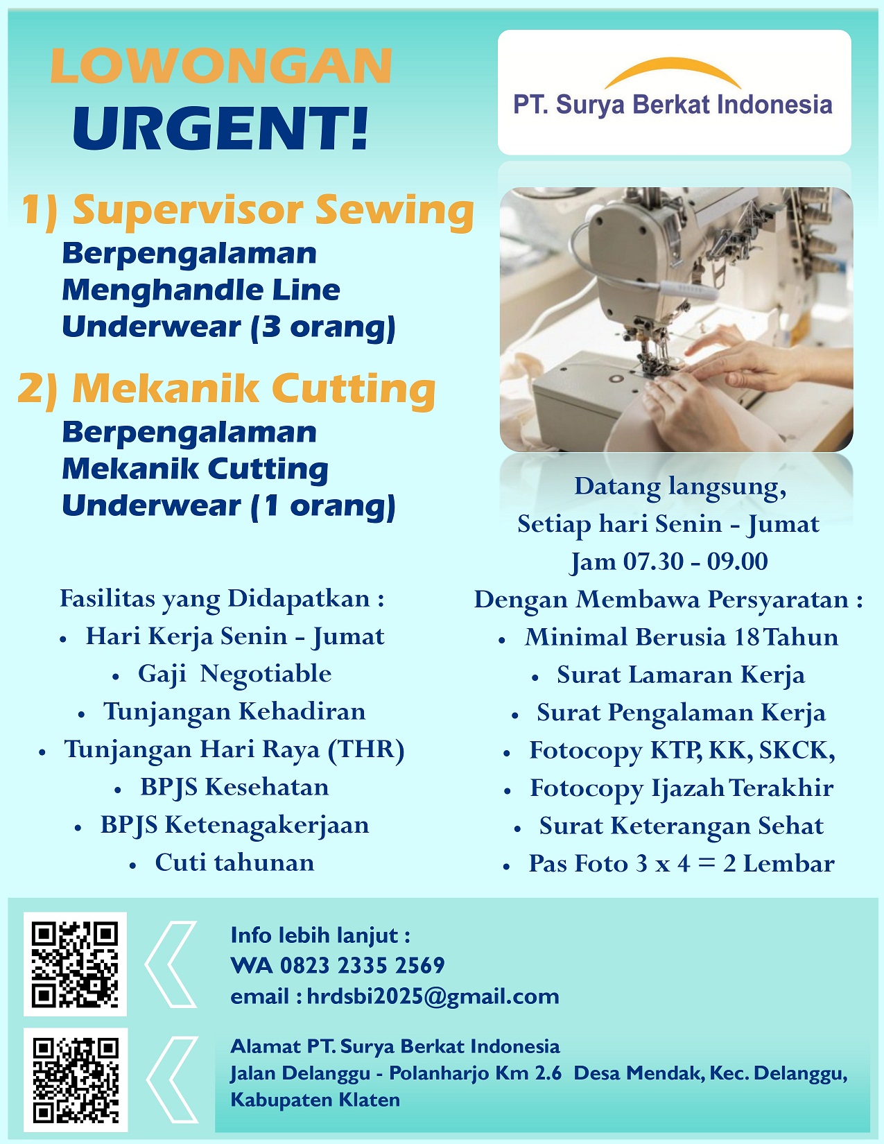 Lowongan Supervisor Sewing dan Mekanik Berpengalaman