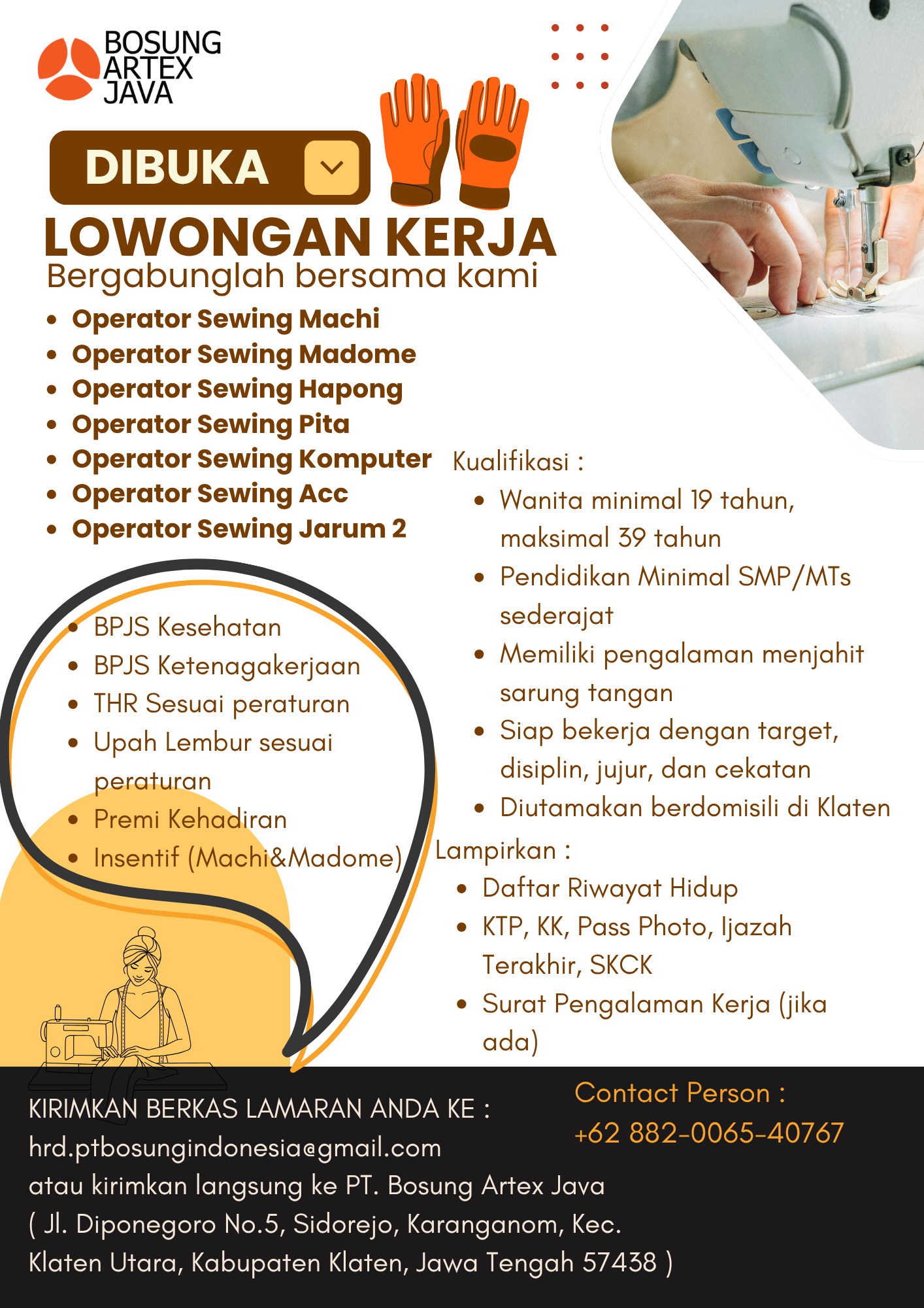 LOWONGAN KERJA PENJAHIT (SEWING) – PABRIK SARUNG TANGAN
