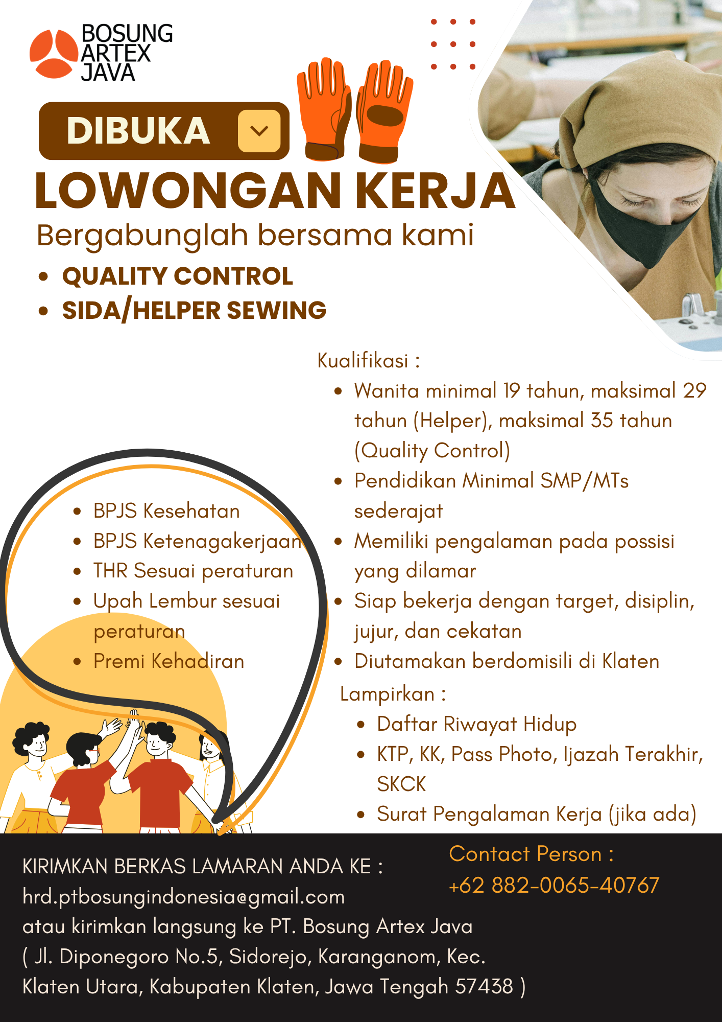 LOWONGAN PEKERJAAN (HELPER SEWING) - PT. BOSUNG ARTEX JAVA