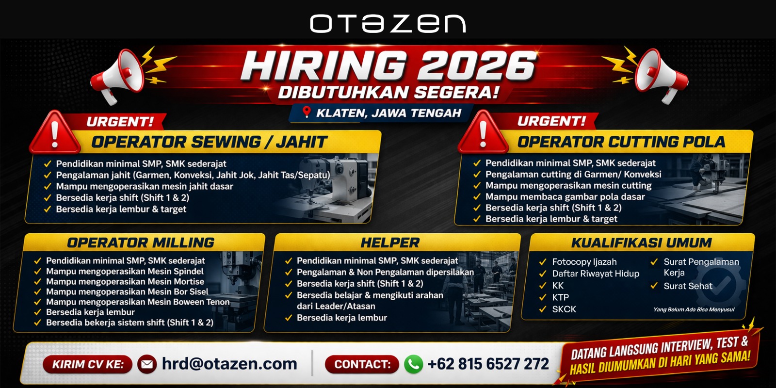 Lowongan Operator Cutting Pola - Urgent