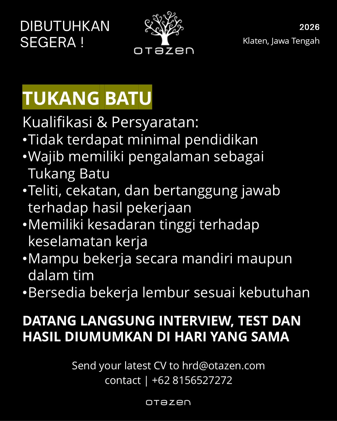 Lowongan Tukang Batu - Dibutuhkan Segera (Urgent)
